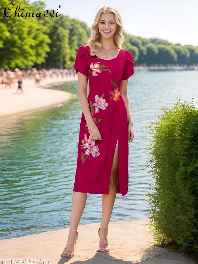 

French Elegant Temperament Heavy Industry Embroidery Flower Round Neck Short Sleeve High Waist Split Midi Dress For Women Summer