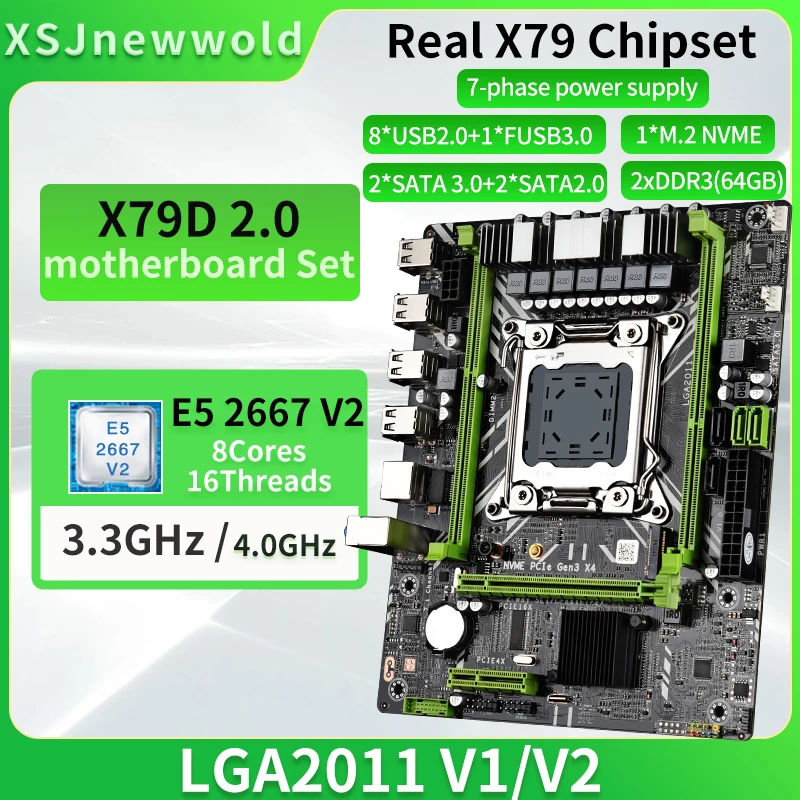 

X79D2.0 Motherboard Kit with E5 2667V2 Processor Support DDR3 Dual Channels LGA2011 NVME M.2 SATA 3.0 Xeon Kit