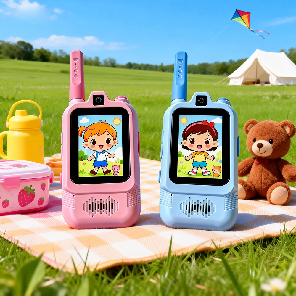 วอล์คกี้ทอล์คกี้สำหรับเด็ก พร้อมหน้าจอ HD 2 นิ้ว และกล้องคู่ ชาร์จซ้ำได้ อินเตอร์คอมสำหรับเด็ก โทรแบบ HD เพียงคลิกเดียว ของขวัญสุดเจ๋ง