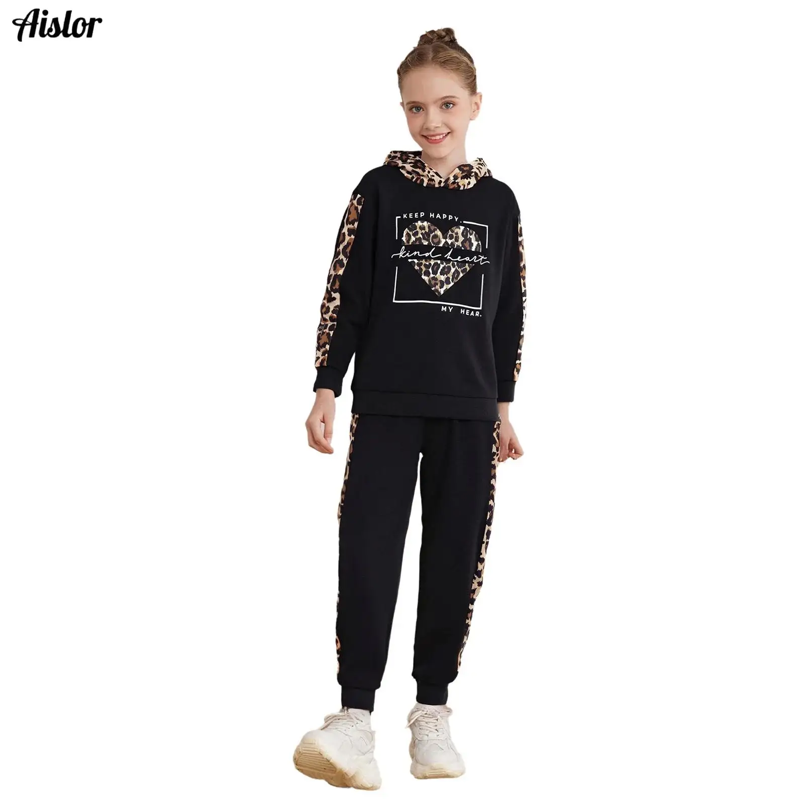 

Kids Girls 2-Piece Casual Set Sportswear Leopard Print Tracksuit Spring Autumn Long Sleeve Hoodie Pullover Tops with Sweatpants