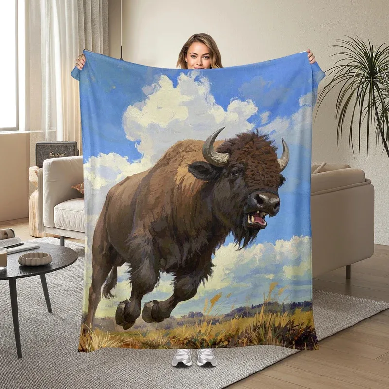 

JHB55Realistic Pattern Of American Bison Running In Blue Sky Blanket Perfect Gift For Loved OnesJKm!