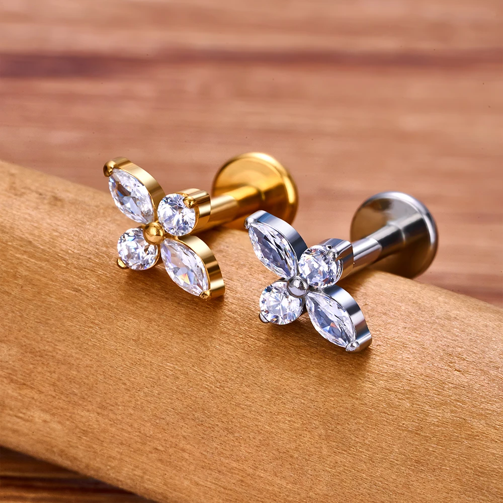 1Pc Titanium Labret Piercing Gold Color Helix Ear Piercing Tragus Pirsing Cubic Zircon Lip Studs Ring Cartilage Earring Jewelry view 2