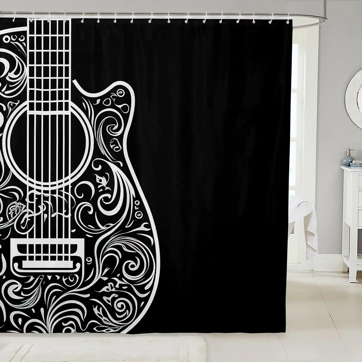 Music Themed Guitar Shower Curtain, Black White Instrument Print, Waterproof Fabric, Stylish Artistic Bathroom Decor with Hooks