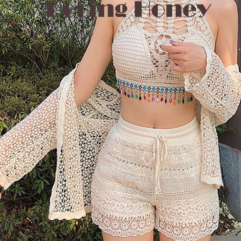 

Boring Honey Beach Clothes Hot Spring Vacation Sexy Backless Tube Top Vest Shorts Blouse Three-Piece Bohemian With Chest Pad To