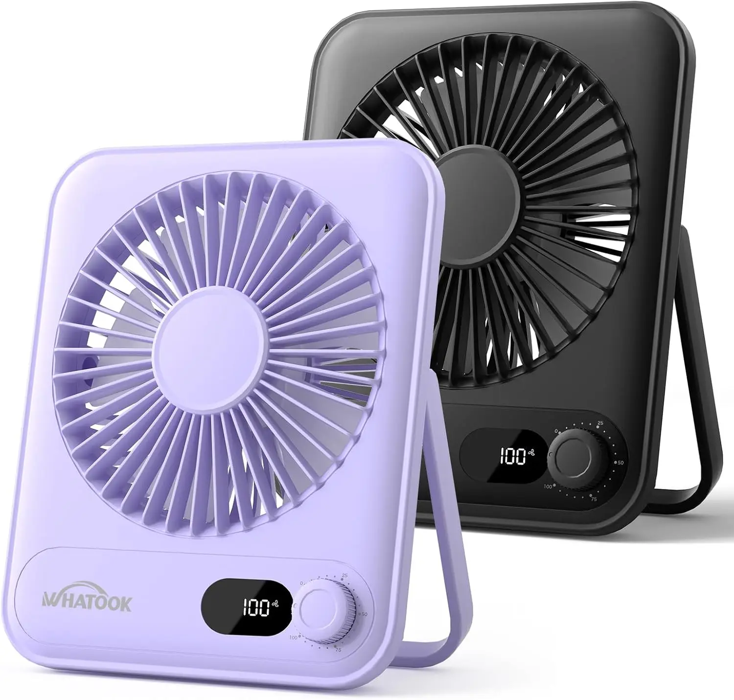 

2-Pack Portable Desk Fan with 100 Speeds, Rechargeable Battery, Quiet Operation for Office, Bedroom, Travel - Black and Purple