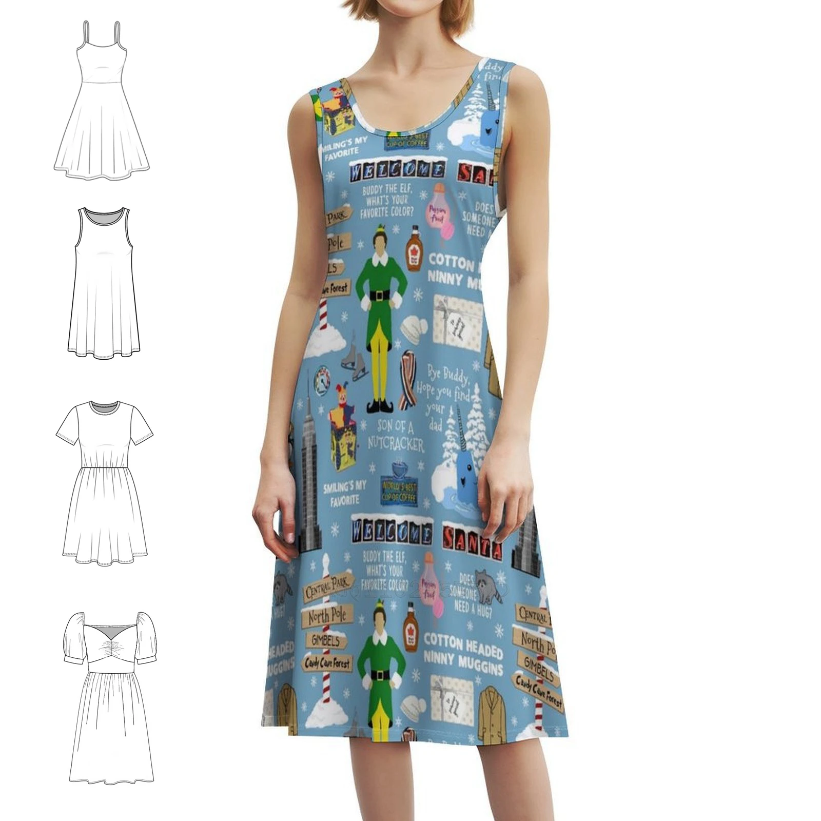 فستان بوهيمي بدون أكمام بخلفية زرقاء من Buddy The Elf للنساء مطبوع عليه فساتين حفلات الشاطئ Elf Buddy The Elf Elf Movie #1