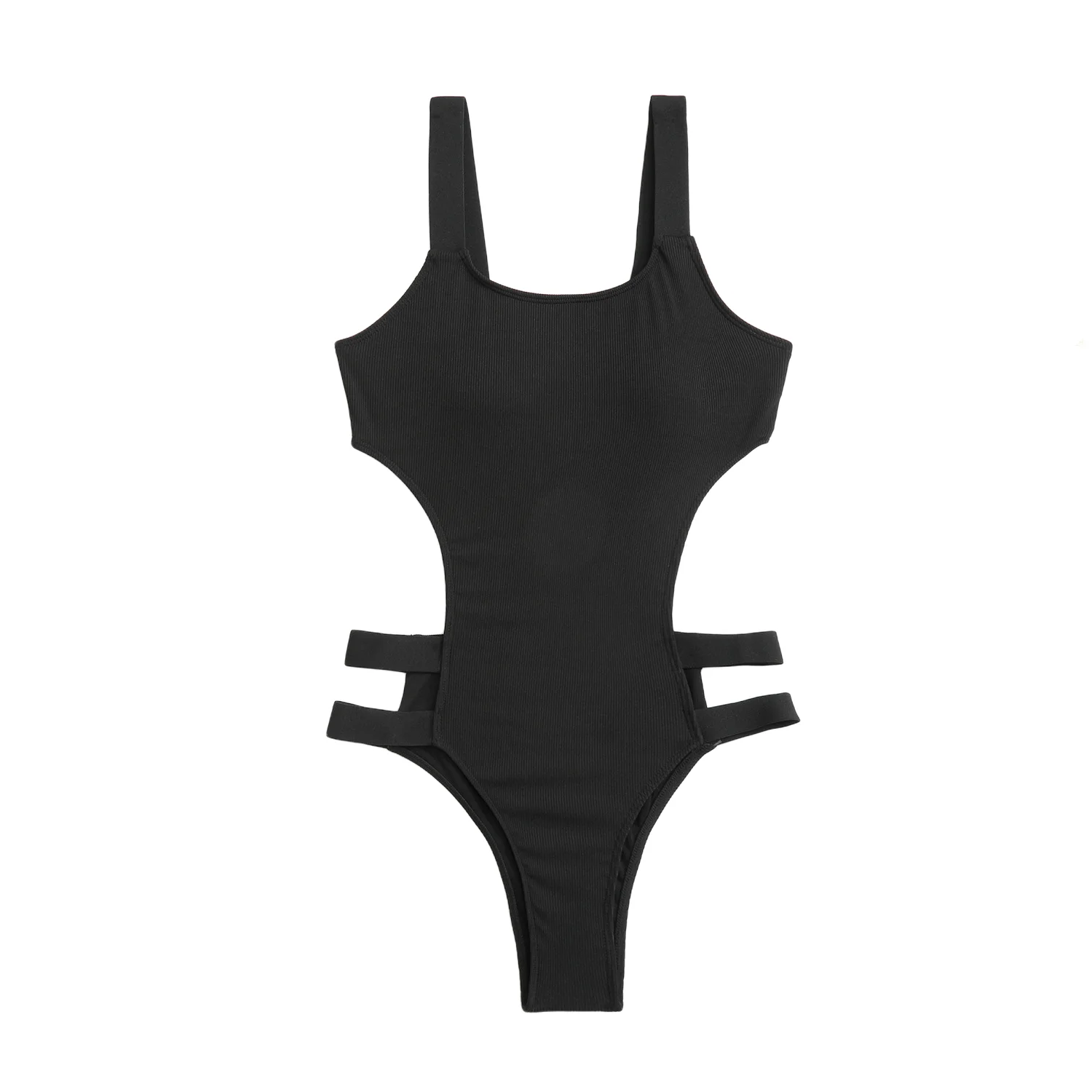 여성용 블랙 리브드 원피스 수영복 섹시한 사이드 컷아웃 배 컨트롤 모노키니 조절 가능한 스트랩 비치 수영복