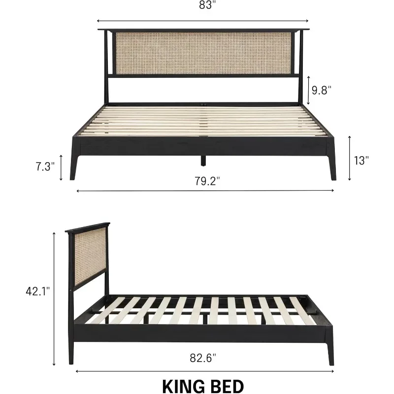 Robijn Houten Bedframe Met Hoofdeinde En Natuurlijke Rotan, Massief Eiken Bedframe Met Stille Latten