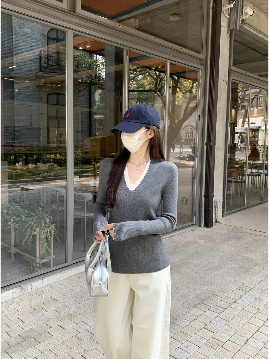 

Slim Fit V-Ne Knitted Sweater Women's Spring 2026 New Sle Color Blo Long Sve Overhead Korean Sle Faion Top