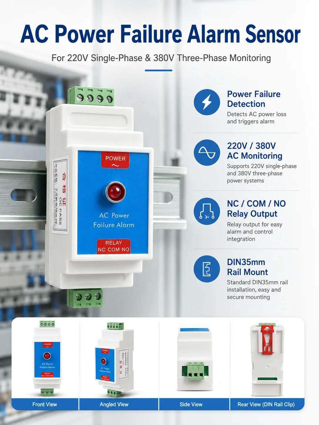 Phase Loss Protection Monitoring Relay for AC 220V/380V, DIN Rail Mount Power Monitor Equipped Dry Contact Relay Output