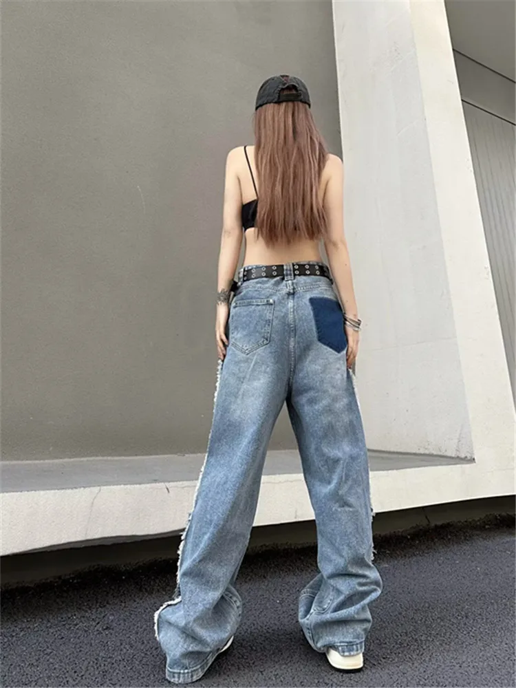 Jeans Rough Edges Multi Pockets Baggy Stacked Design Cargo Jeans High Waist 2025 Streetwear Pants for Women Washed Blue Trousers