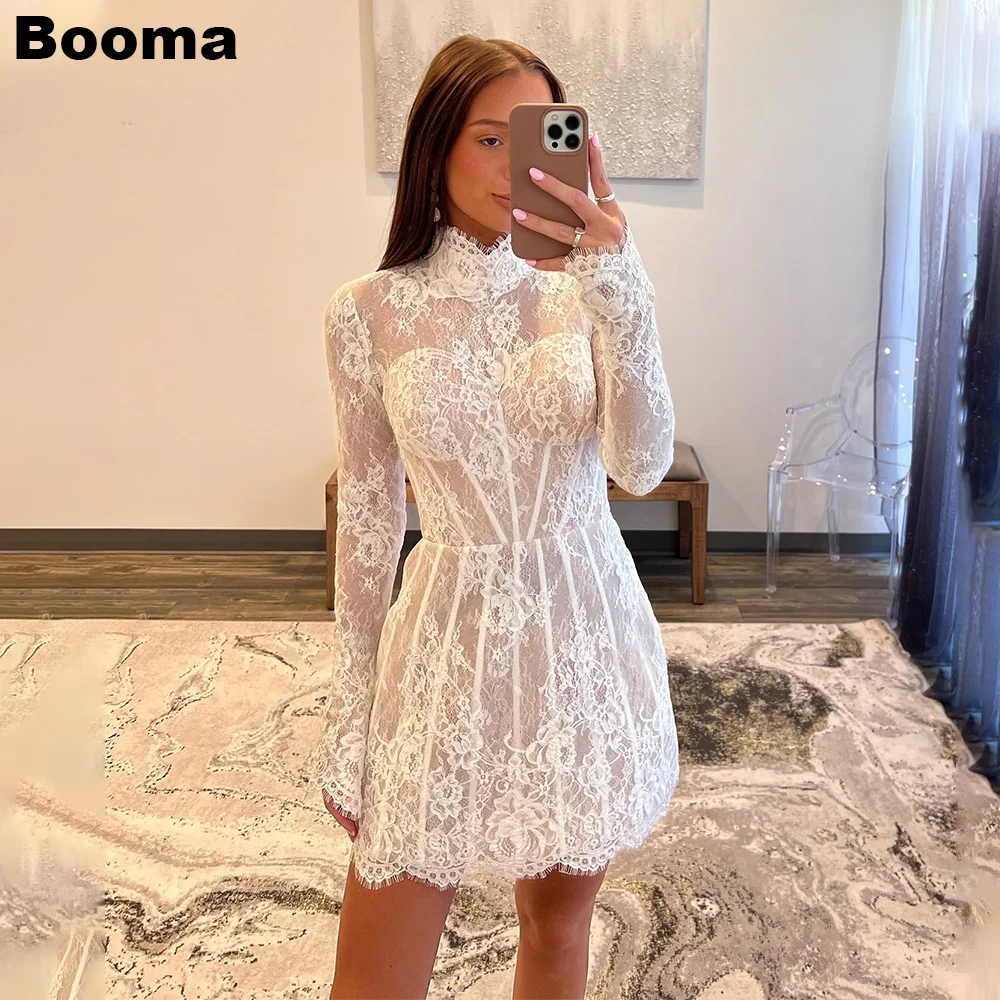 

Booma White Lace Prom Dresses Long Sleeves High Neck Mini Wedding Party Gowns for Women Above Knee Homecoming Dresses