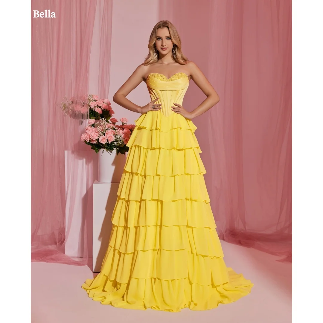 

Желтые многослойные вечерние платья Bella по индивидуальному заказу, вечерние платья без бретелек с открытой спиной и без рукавов, платье для выпускного вечера длиной до пола, 2025 г.