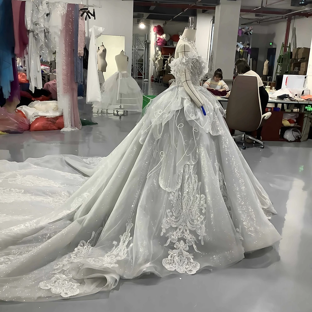 Vestido de novia con hombros descubiertos, elegante, con cuentas y lentejuelas, lujoso, hasta el suelo, 2024