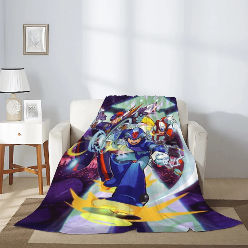 Rockman Megaman Blanket for Sofa Blankets Boy Retro Game Microfiber Bedding Knee Winter Warm Fleece Fluffy Soft Decorative Thick