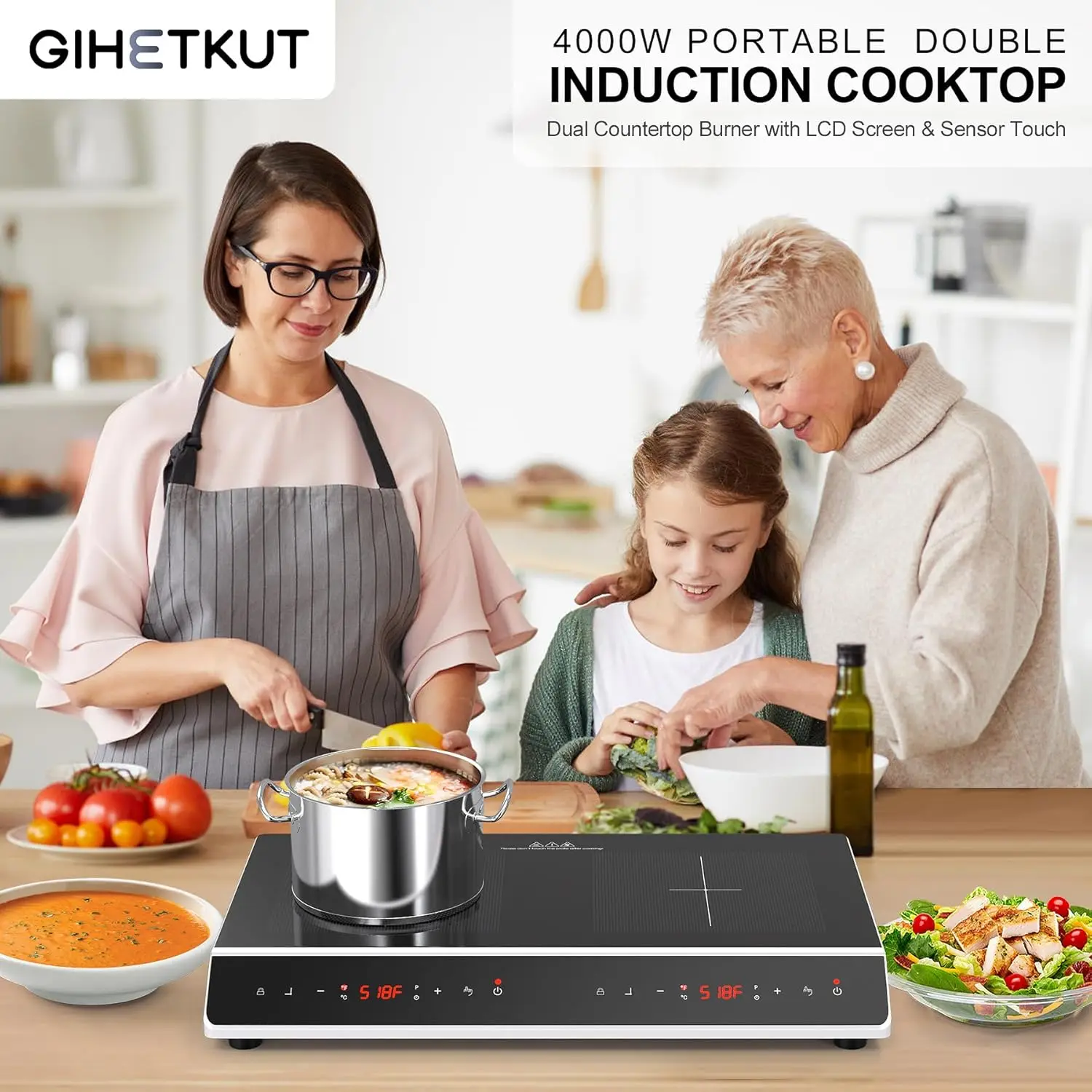 Induction Cooktop, 24 inch 4000W Induction cooktop 2 burner,Electric cooktop with LED Touch Screen 10 Levels Settings with Child