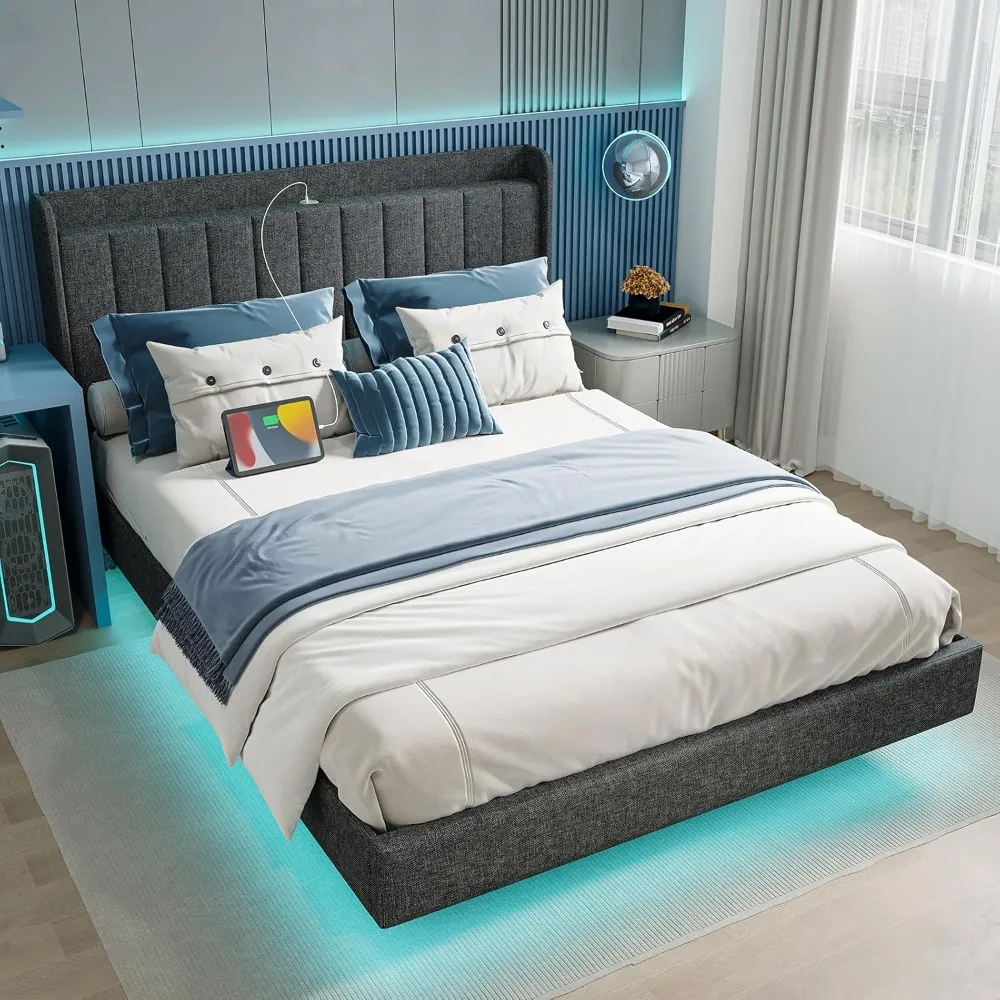 

Queen Size Bed Frame with Storage Headboard, USB Ports, LED Lights, Noise-Free, Upholstered Floating Bed Frame