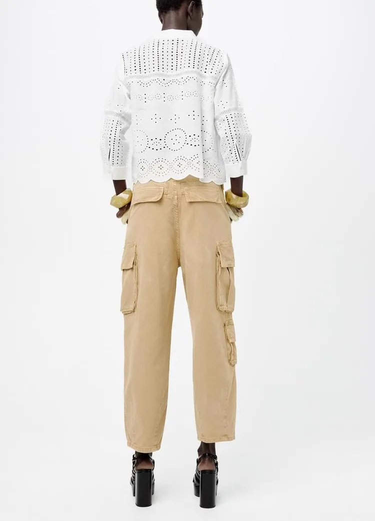 Summer 2024 New Faion Sweet Collar Long Sve Hollow out Decorative Vertical Lace Embroidery irt Women's Loose Fit irt