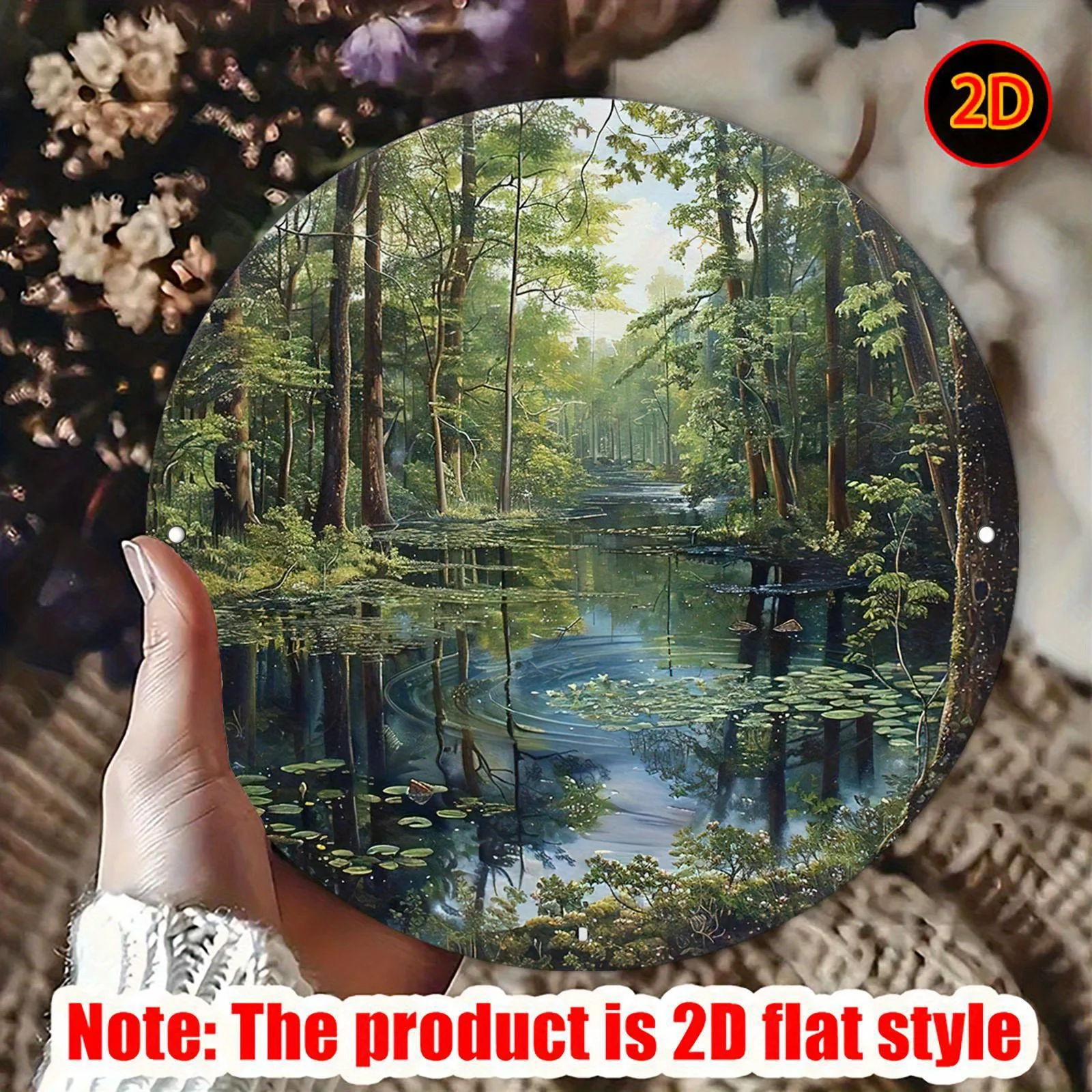 2D Flat, 2D Flat Round Metal Sign Featuring Tranquil Forest Pond Scenery, Suitable for Living Room, Bedroom, Cafe, Bar, Garage,