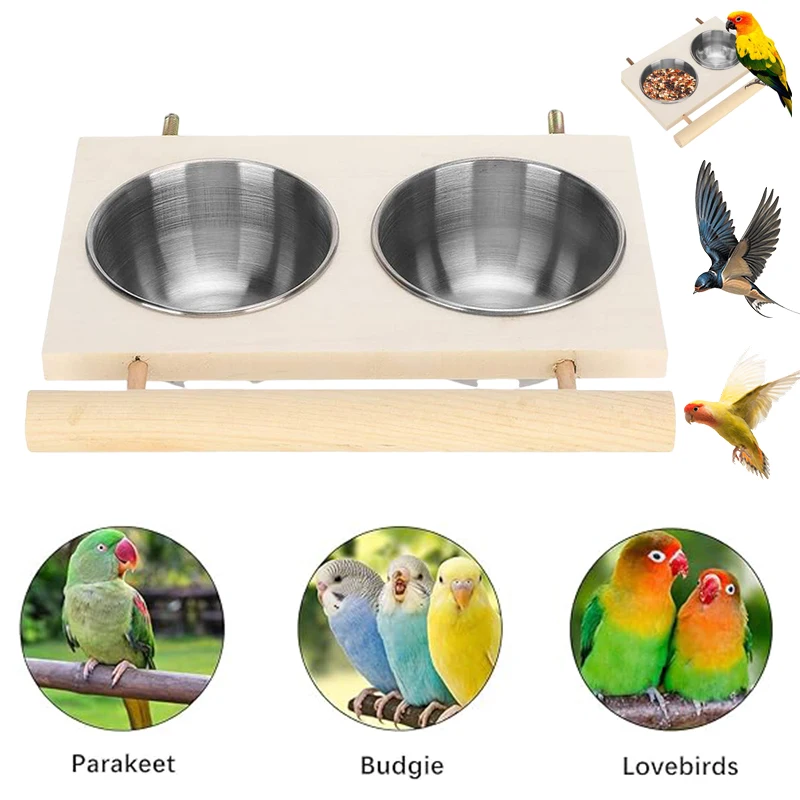 Bird Feeder Stainless Steel Pet Parrot Feeding Bowl with Wooden Stand Feeding Watering Supplies for Birds Double Bowl