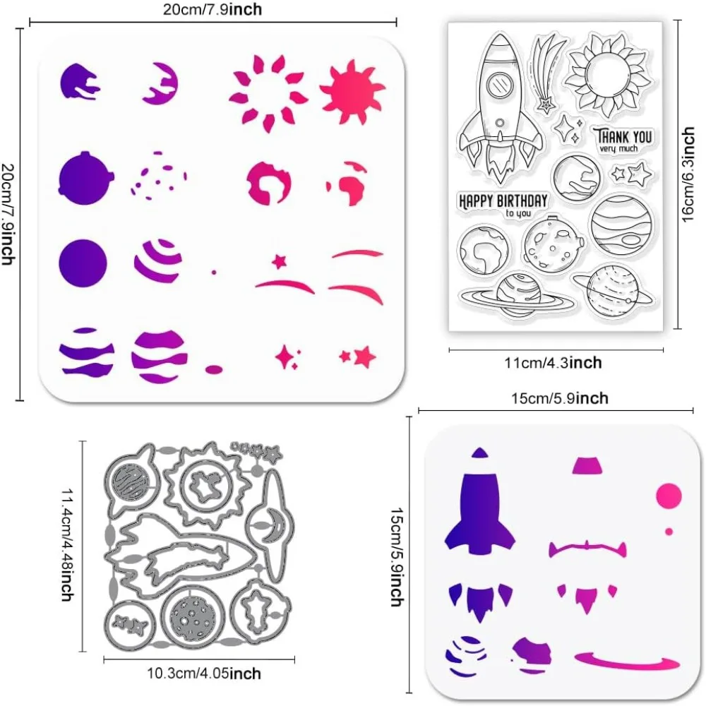Universe Planets Clear Stamp Metal Rocket Cutting Die Cuts Layering Sun and Meteors PET Paint Craft Stencils