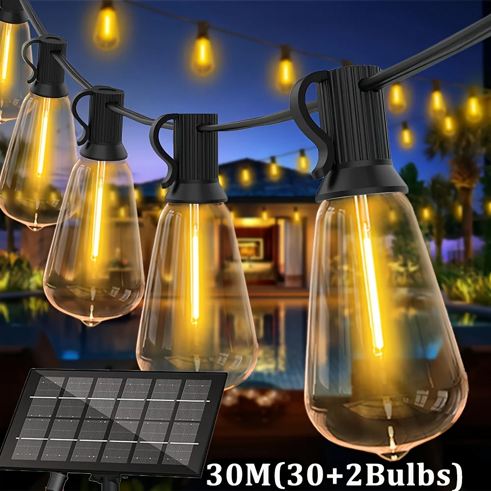 

100ft/50ft LED Outdoor Solar Yard Light - Shatterproof ST38 Retro Edison Bulb, Exterior Hanging Lantern for Porch, Deck, Garden,