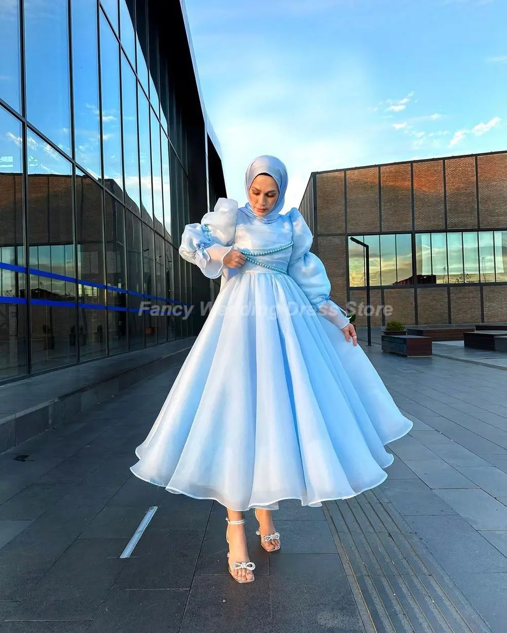 Fancy Vintage Blue Muslim Wedding Dress Saudi Arabia Organza Bridal Gown Pearls With Veil Formal Occasion Dresses customized