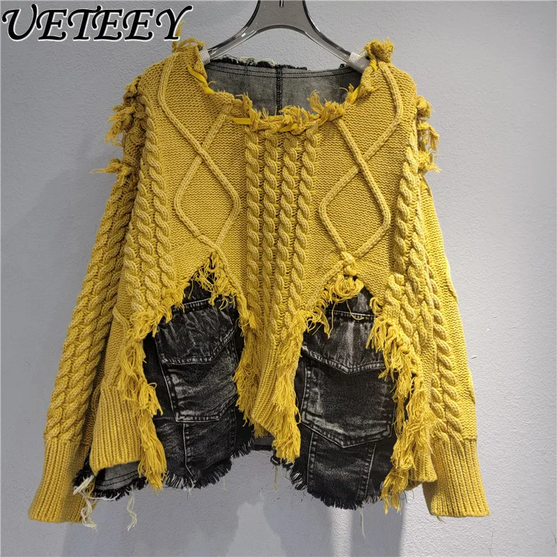 

Модный модный индивидуальный стильный плетеный лоскутный джинсовый свитер с круглым вырезом и длинными рукавами, женский осенне-зимний пуловер