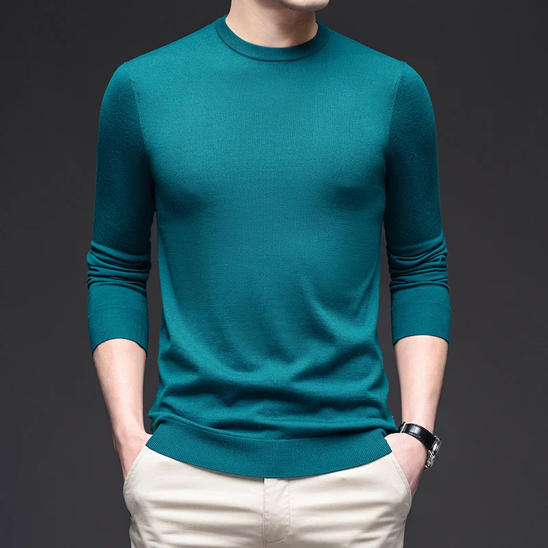 High Quality Sheep Wool Tee Tops 2024 Spring Men's Casual Thin Knit Shirts Long Sleeve Male v-Neck Silk Wool Sweater Clothes