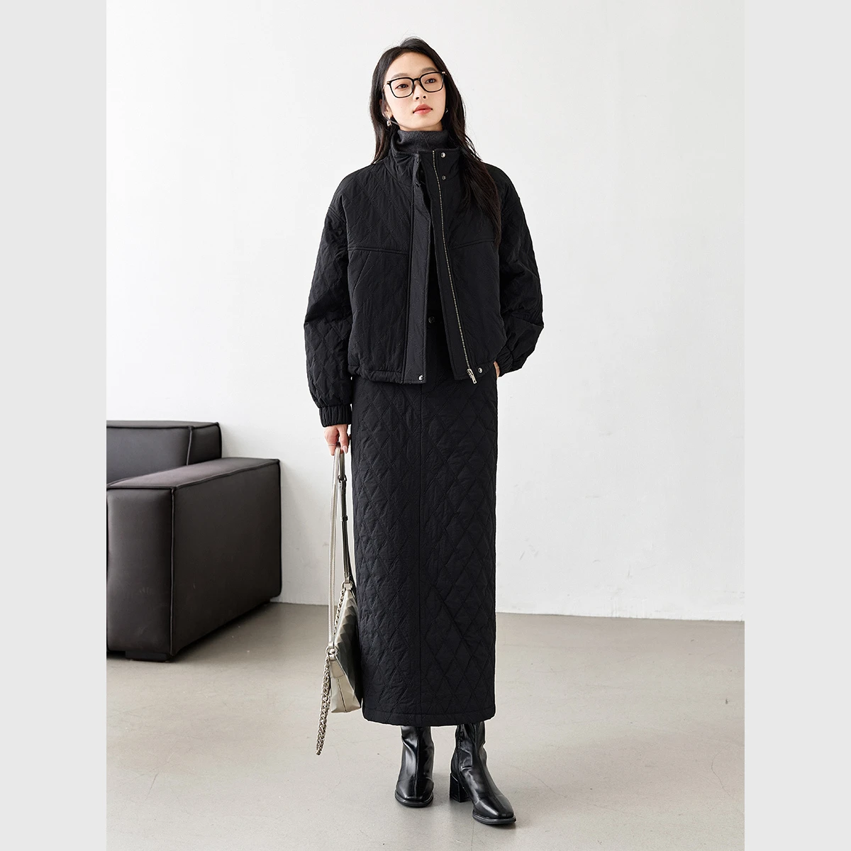 

VIMLY Winter Woman Quilted Cotton Skirt Set 2025 Thickened Padded Zip Up Coats A-line Long Skirts Casual Warm Skirt Suits M9321