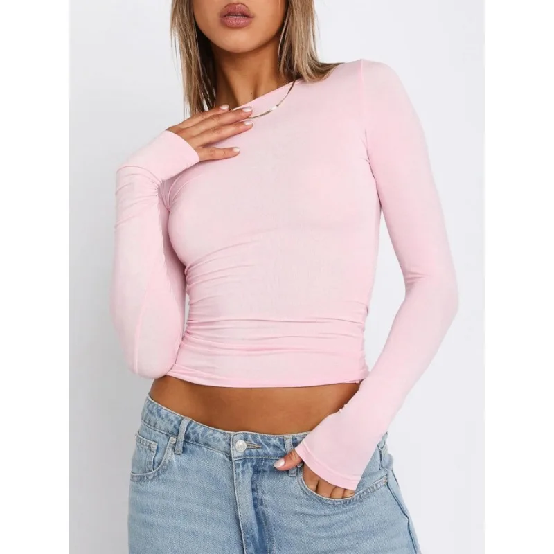 

Женская рубашка больших размеров с длинными рукавами, базовая футболка, топ с круглым вырезом, модный облегающий топ