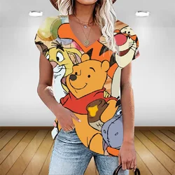 Disney Branca De Neve Decote Em V T-shirt verão solto respirável moda top retro T-shirt das mulheres tendência 3D impressão estilo de rua