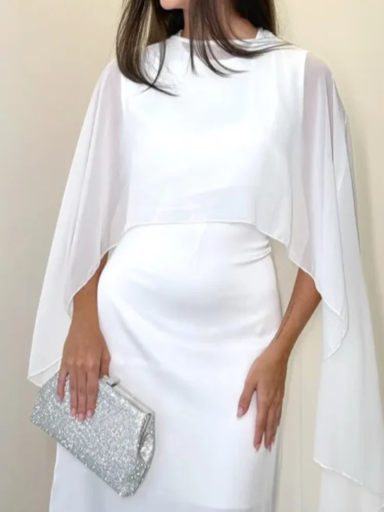 Sheer Cape Round Neck Maxi Dress For Woman Open Back Solid Plain Design Skirt Elegant Wedding Formal Evening Female Long Robes