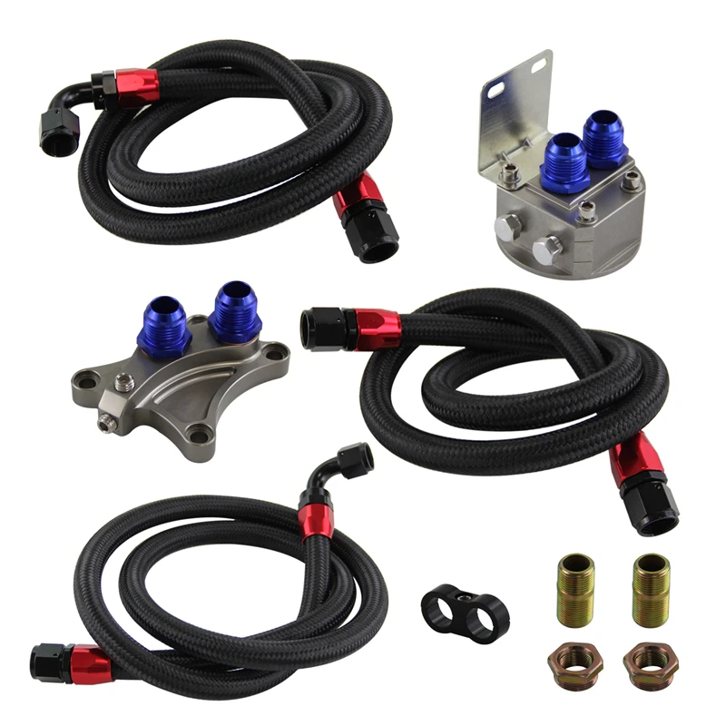 AN10 Filter Sandwich Adapter+Nylon Braided or SS Braided Oil Line Fits For Nissan SR20DET S13 S14 S15 SR20DE Black/Silver