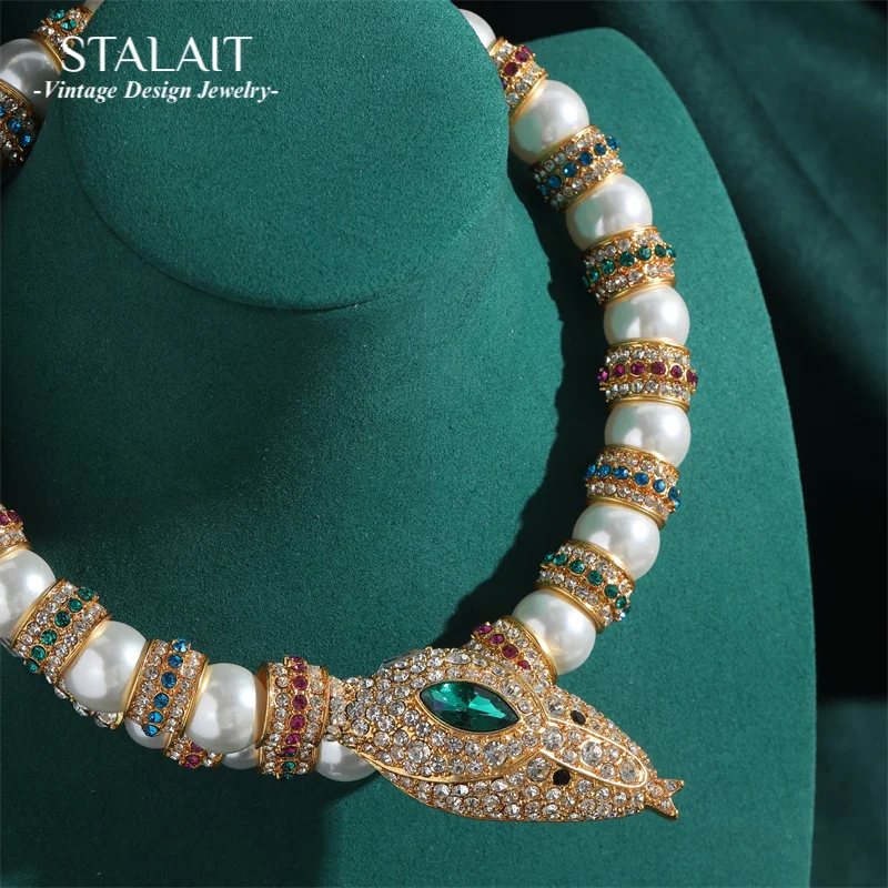 

Vintage Gold Color Chunky Snake Necklace Pearl Collar Colorful Zircon Crystal Luxury Designer Jewelry Rhinestone Christmas Prom