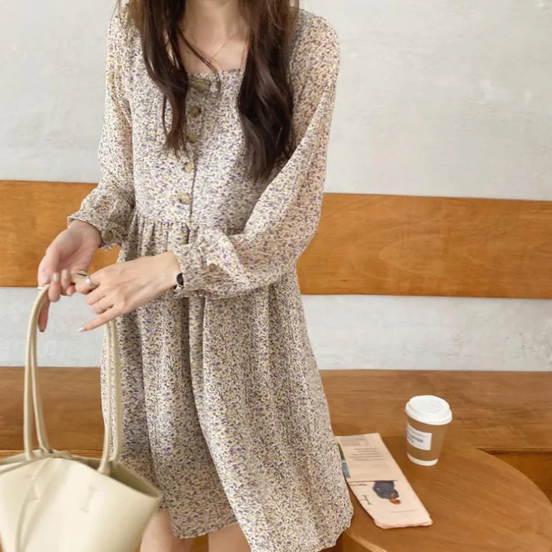 French Vintage Floral Dresses Women Sweet Romantic Young Mini Fashion Ins Temperament Long Sleeve All-match Chic Tender Girls