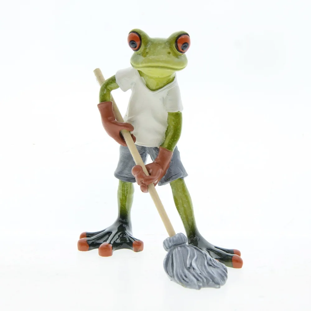 Cute Cartoon Frog Statue Mopping The Floor Frog Figurines Tabletop Ornament Personalized Home Office Animal Model Decoration
