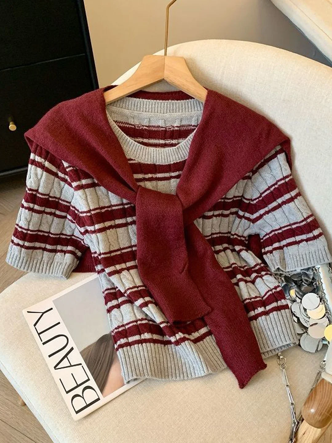 

Chic Korean Sle Women's Knitted ort Sve Striped Top with Belt Two Piece Set Spring Faion Casual Loose Fit Knitwear