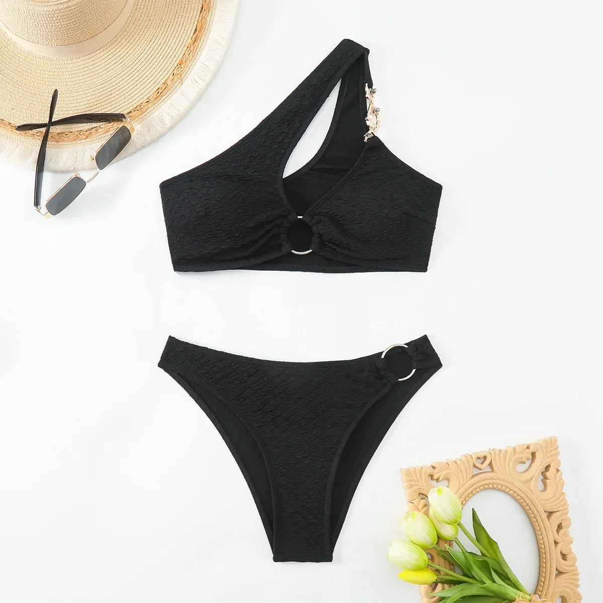 

Black One Shoulder Swimwear Push Up Bikinis Sets Sexy Swimsuit Women Micro Thong Bathing Suit Cut Out Bikini 2025 Mujer Biquinis