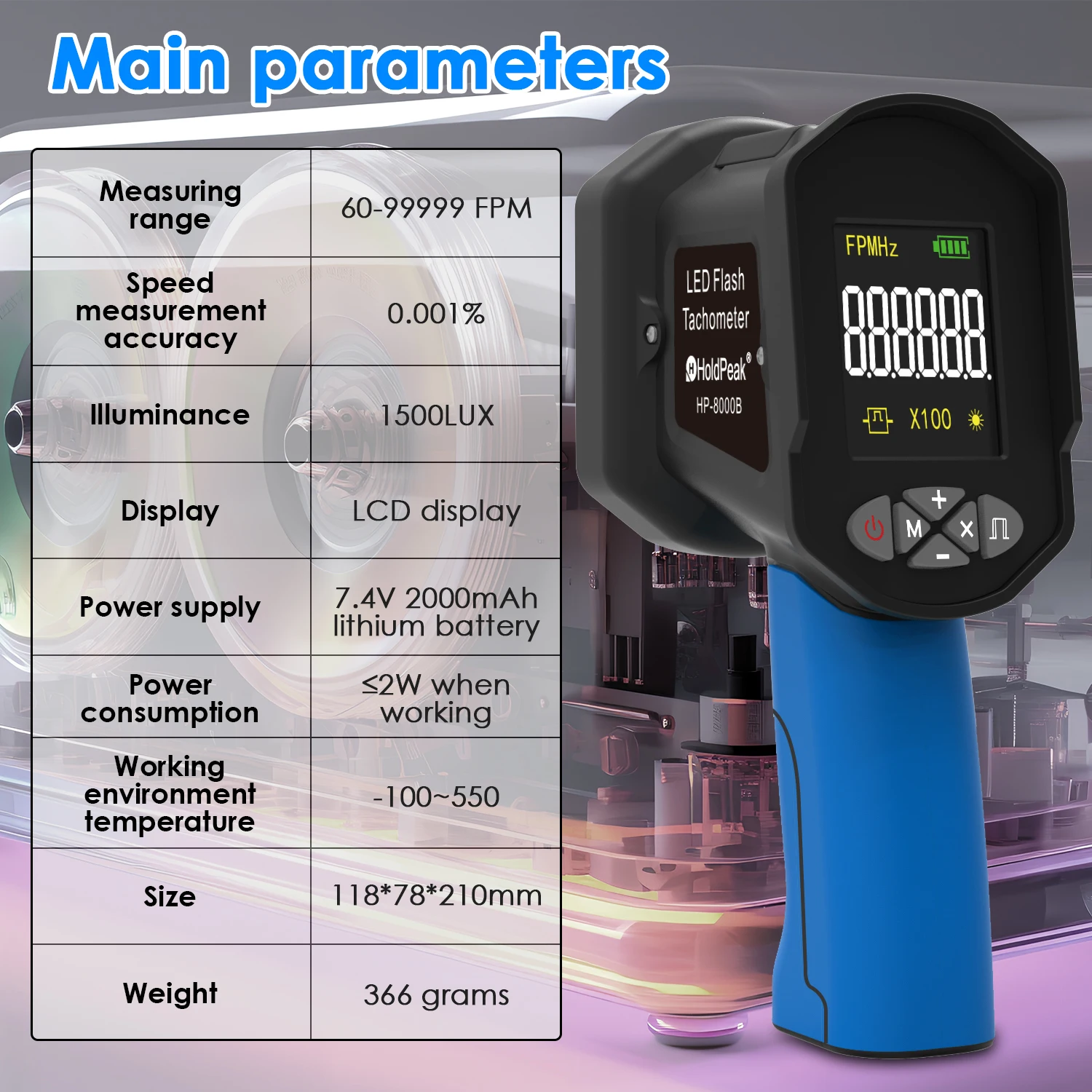 Imagem -03 - Tacômetro Digital com Estroboscópio sem Contato Velocímetro para hz Velocity Tester Motor Gear Print 99999 Rpm