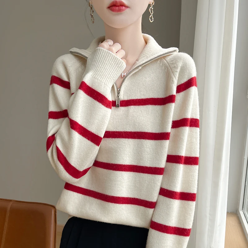 Classic 100% Australian Wool Pullover High Neck Thick Knitted Stripe style Fashion Casual Sweater Warm Oversized Winter Clothing