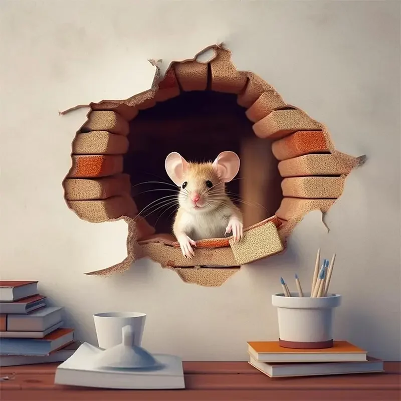 Cute Mouse Hole Wall Sticker Mouse Reading Book in Wall Hole Decal Mouse Hole Sticker Mouse Reading Decor Room Decoration