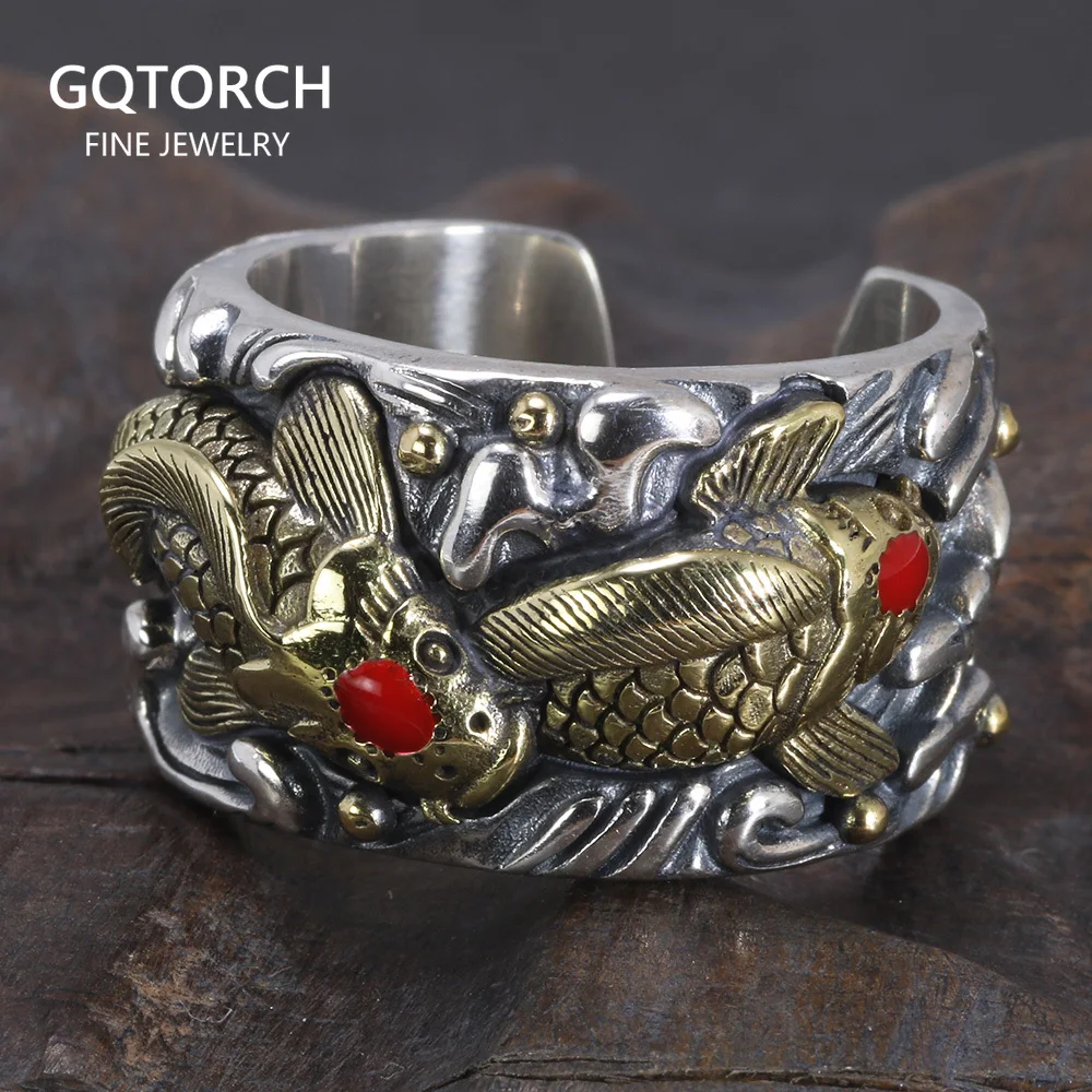 

S925 Sterling Silver Carp Koi Ring for Men Opening Type Lucky Fish Ring Good Color Vintage Jewelry