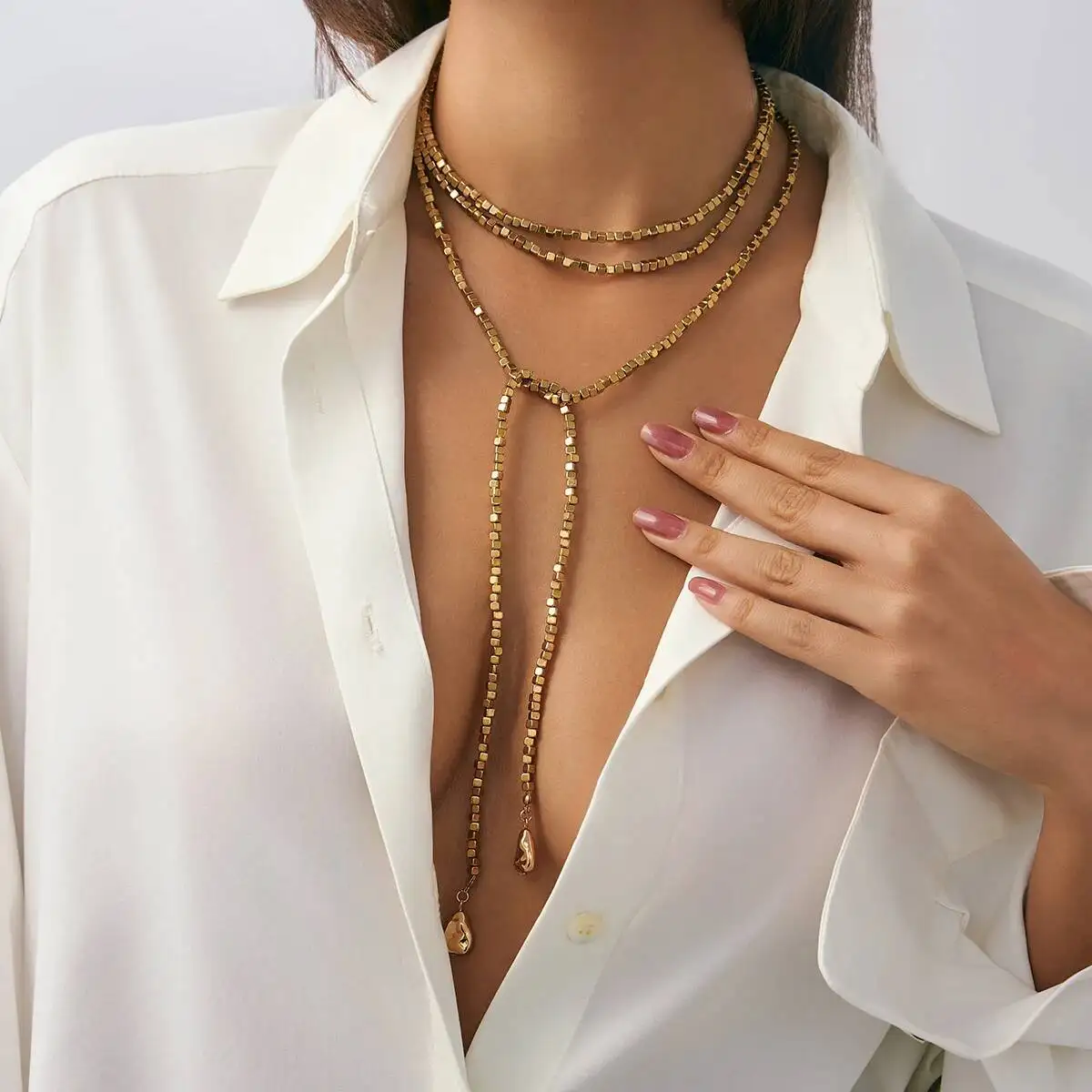 

SHIXIN Sexy Adjustable Gold Color Long Chain Necklace for Women Simple Irregular Beaded Choker Sweater Chain DIY Neck Jewelry