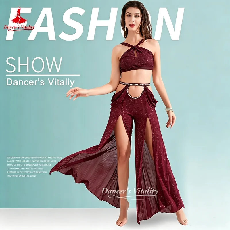 Women's Belly Dance Dance Suit Practice Clothes New Sexy Hollow Split Long Skirt+Top Bellydance  Set Suit
