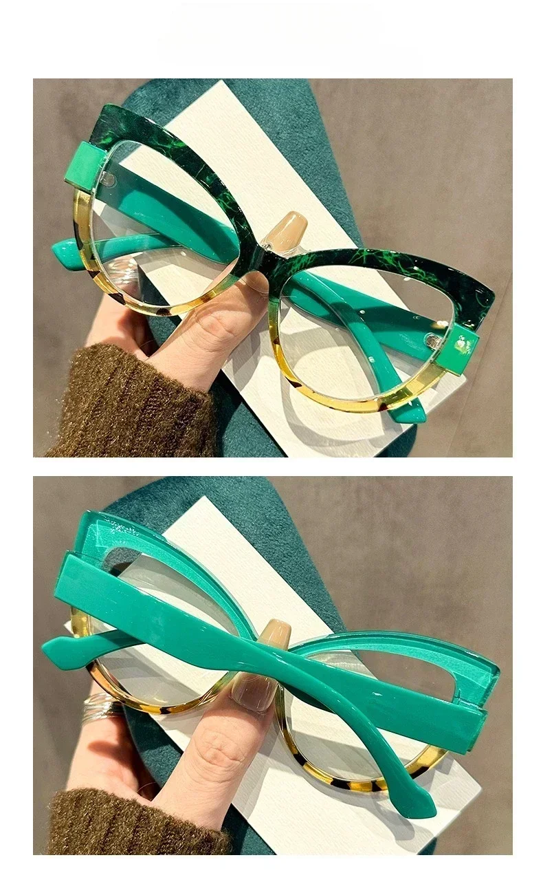 Personalisierte, farbblockierte Katzenaugen-Lesebrille mit großem Rahmen, blaues Licht blockierender Augenschutz, Reise-Strandbrille – Detail 9