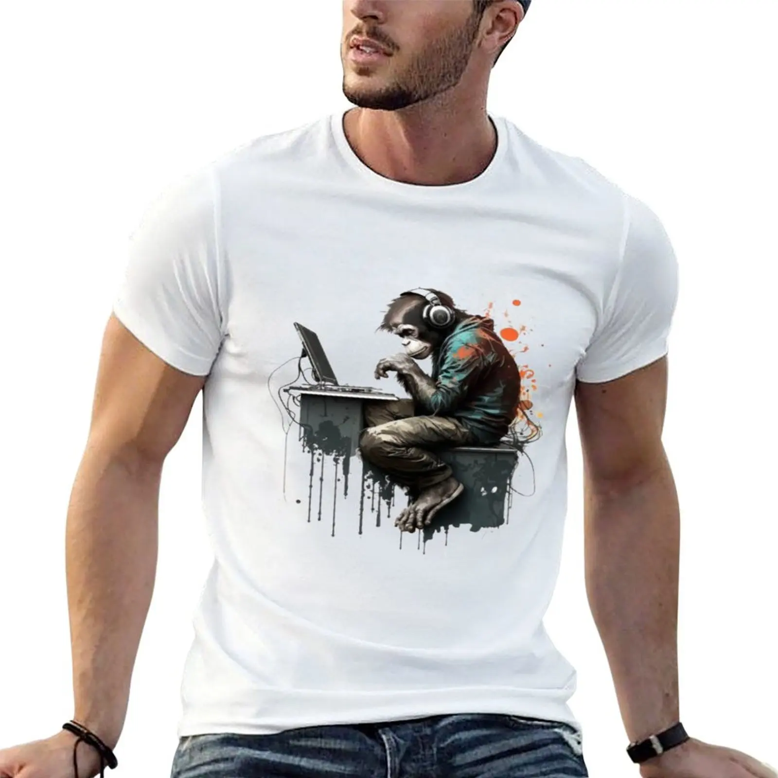 Banksy Dj Monkey Thinker T-Shirt Holiday Vacation Tee Shirt