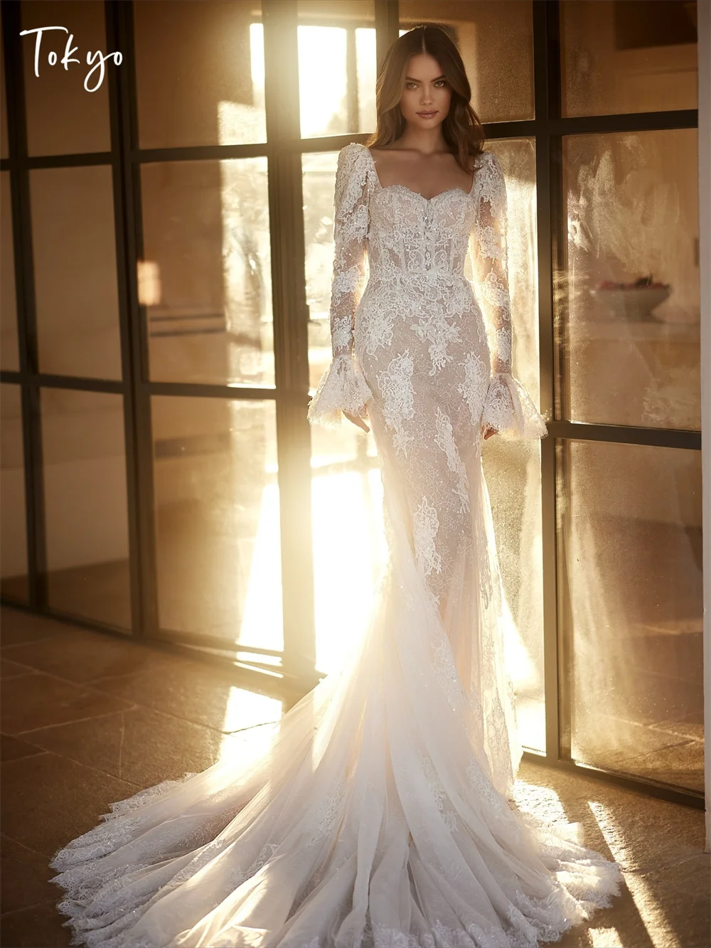 Tokyo Customized Elegant Sweetheart Necklink Wedding Dresses Long Sleeve Backless Lace Bridal Gowns White Mermaid Wedding Gowns