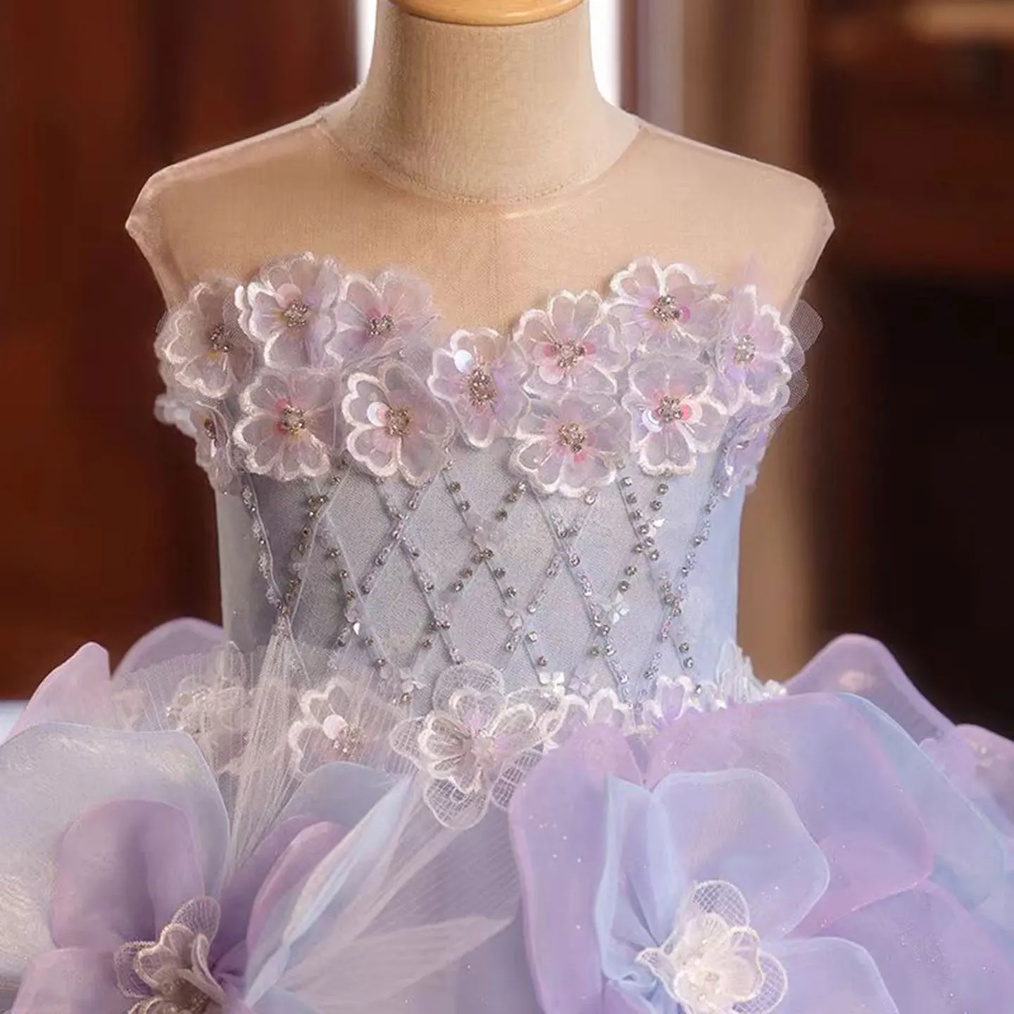 Jill Wish Luxury Lilac Crystal Handmade Flowers Girl Dress Arab Beading Kids Princess Wedding Birthday Party Pageant Gown J075