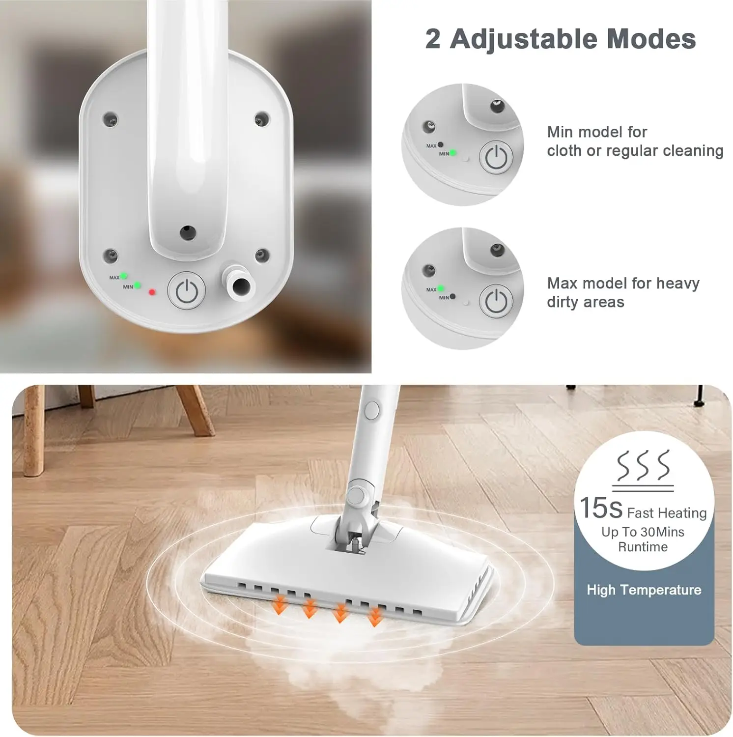 6 in1 Rotated Steam Mop Cleaner with 2 Modes, 2 Microfiber Pads, 400ML Removable Tank, 23FT Power Cable, Detachable Steam Mops f